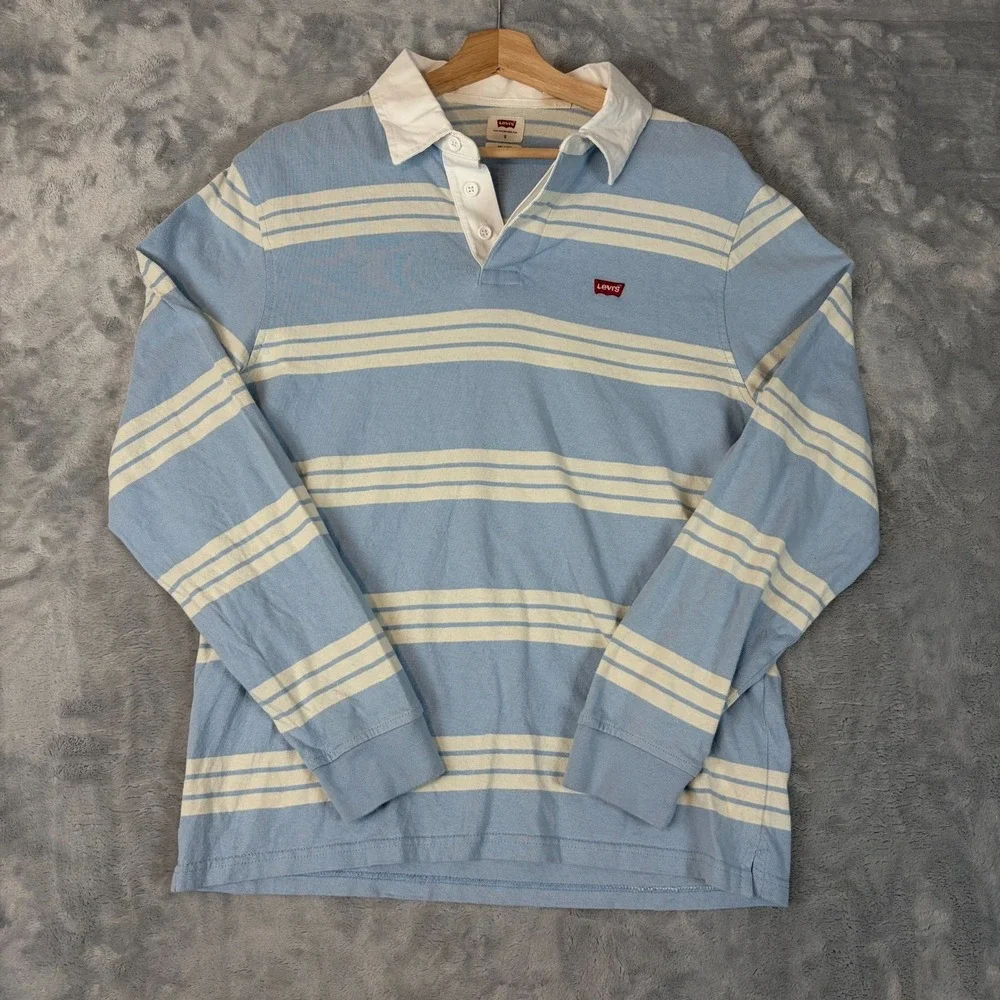 Levi's Rugby Shirt Mens Small Long Sleeve Polo Blue Stripe Relaxed Prep